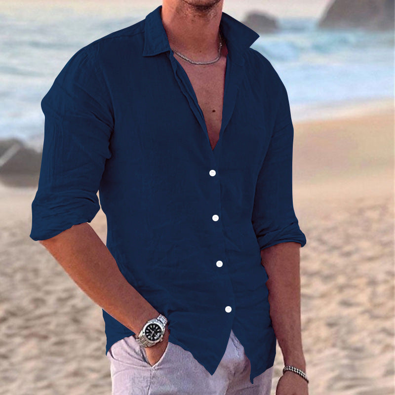 Versatile men's long sleeve button-down shirt, relaxed fit, great for casual occasions & classic style.