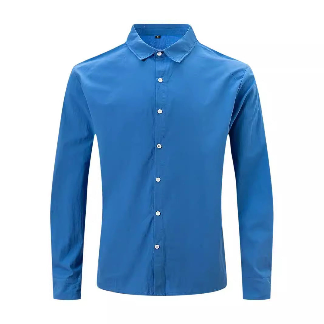 Man wearing a relaxed fit long sleeve button-down casual shirt, showcasing everyday versatility.