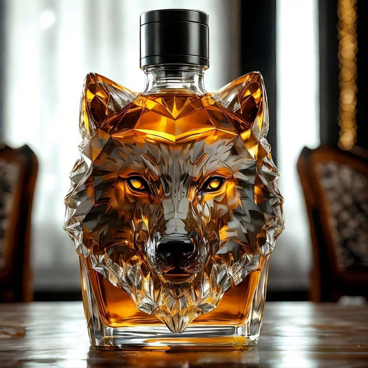 Unique wolf design whiskey decanter, a luxurious men's gift. Perfect bourbon or scotch decanter for barware collections.