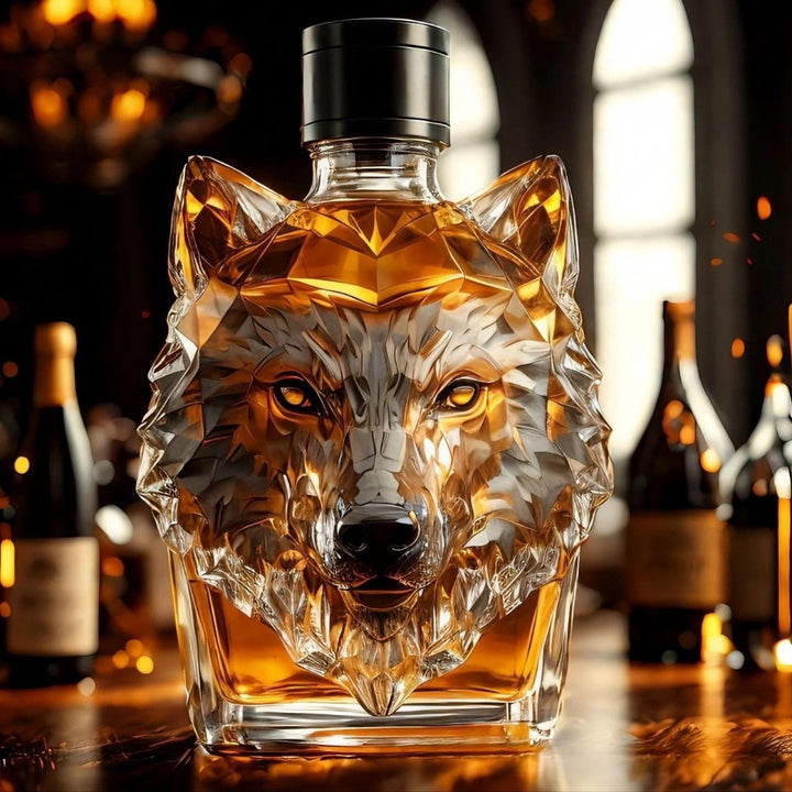 Men's luxury whiskey decanter with striking wolf head design. Ideal bourbon or scotch decanter for a home bar.