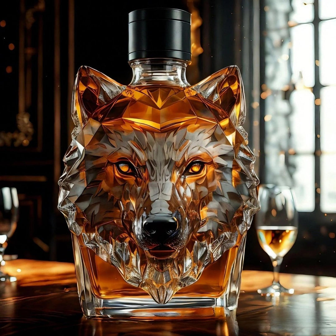 Luxury whiskey decanter with detailed wolf head stopper, perfect for bourbon or scotch. Elegant barware gift for men.