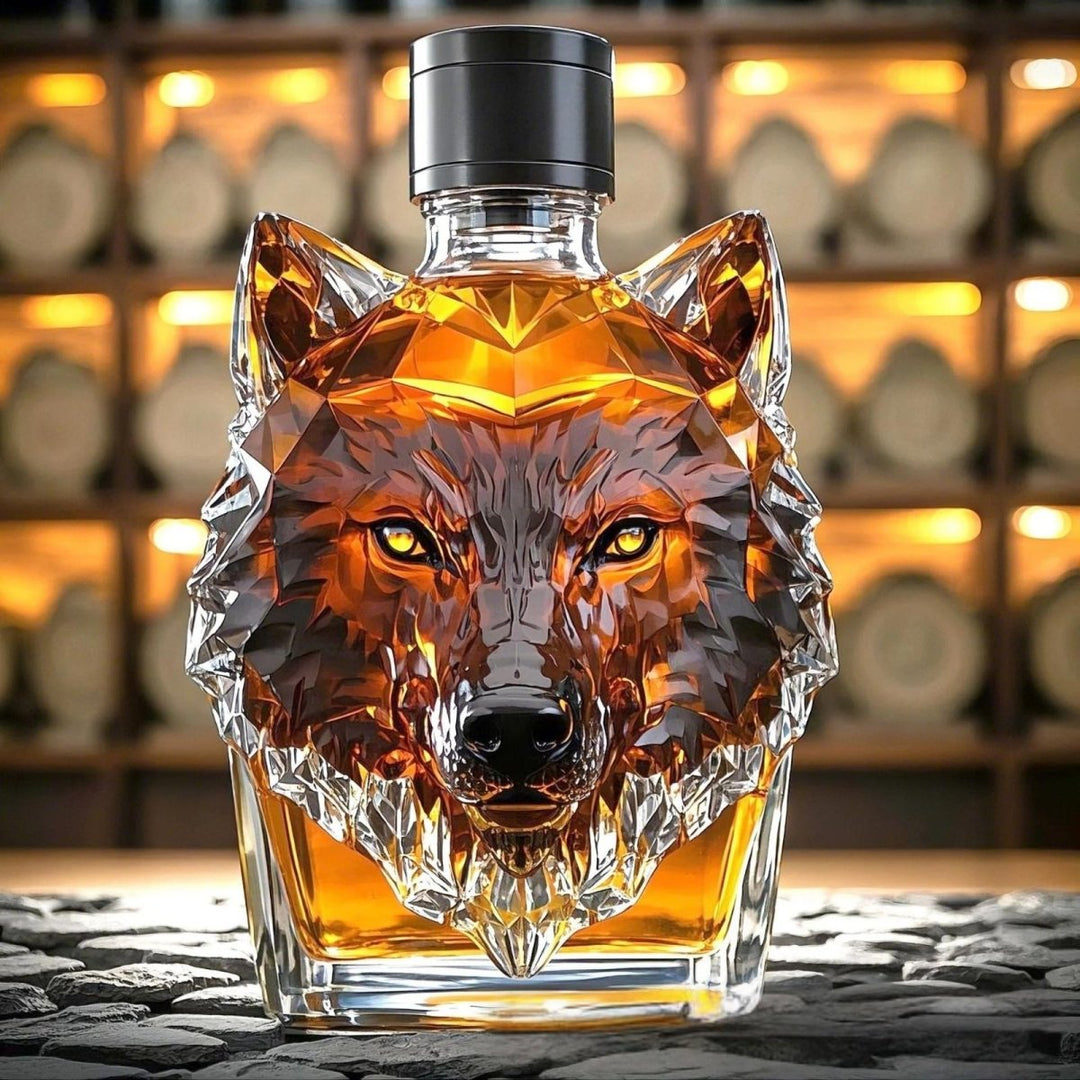 Elegant wolf head whiskey decanter for scotch & bourbon. High-quality barware, a sophisticated addition to any home bar.