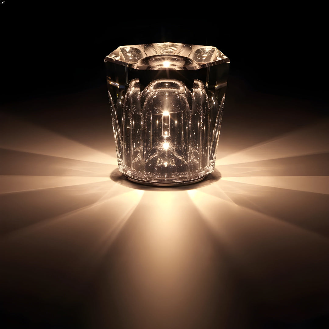 Elegant crystal table lamp, diamond design, cordless, rechargeable, ambient LED light fixture.