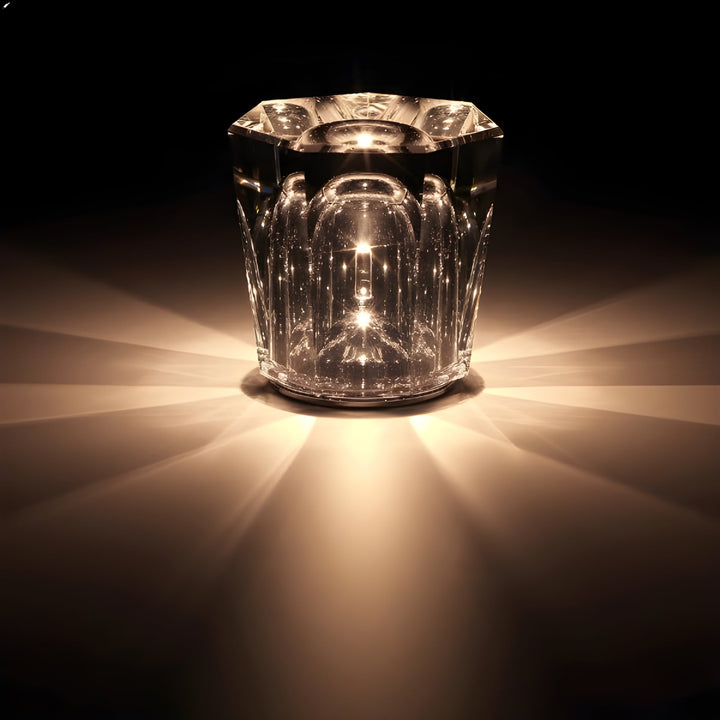 Elegant crystal table lamp, diamond design, cordless, rechargeable, ambient LED light fixture.