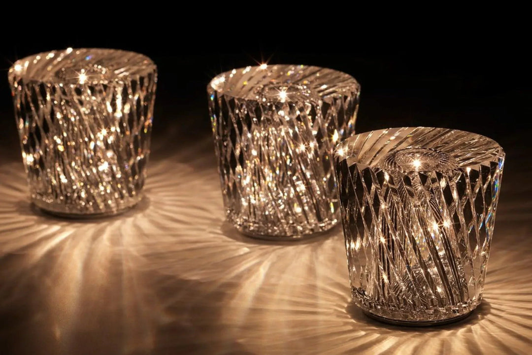 Rechargeable crystal desk lamp, elegant diamond design, provides soft LED illumination.