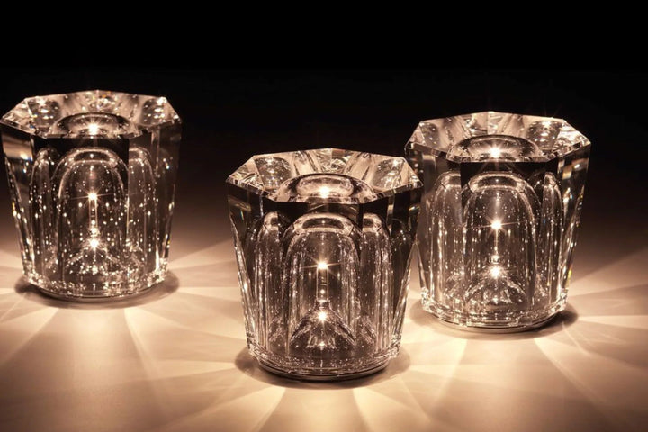 Modern diamond crystal lamp, cordless LED, adds a touch of elegance to any space.
