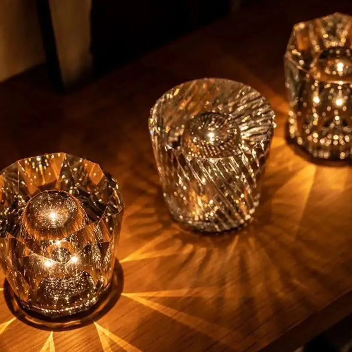 Elegant crystal table lamp with diamond design, cordless & rechargeable LED lighting for home decor.