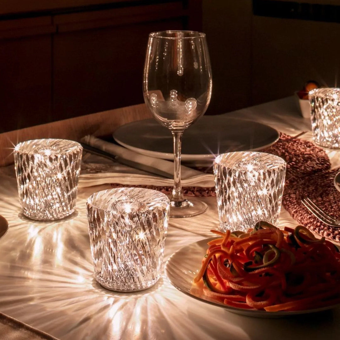 Modern crystal table lamp, cordless LED light, elegant diamond pattern decor accent.
