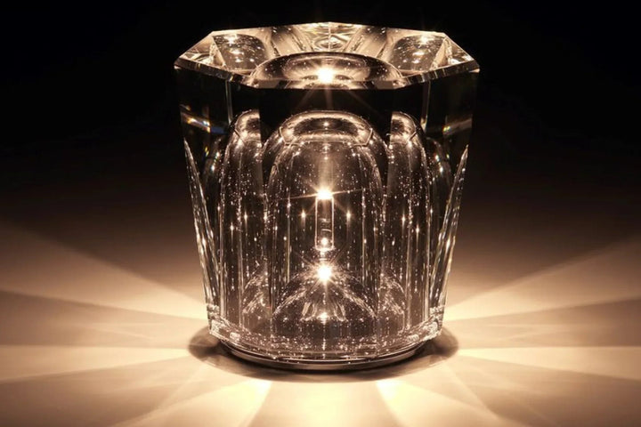 Rechargeable LED table lamp, clear crystal with stunning diamond design, home accent light.