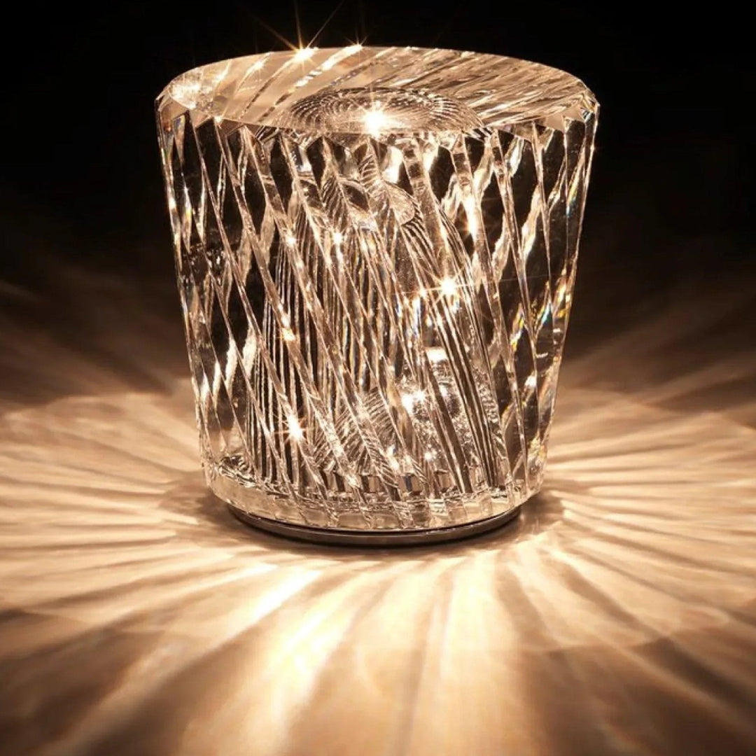 Crystal table lamp, diamond pattern, cordless LED, ambient light for sophisticated homes.