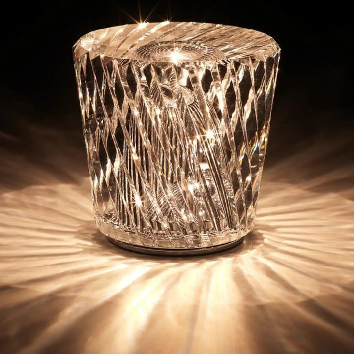 Crystal table lamp, diamond pattern, cordless LED, ambient light for sophisticated homes.