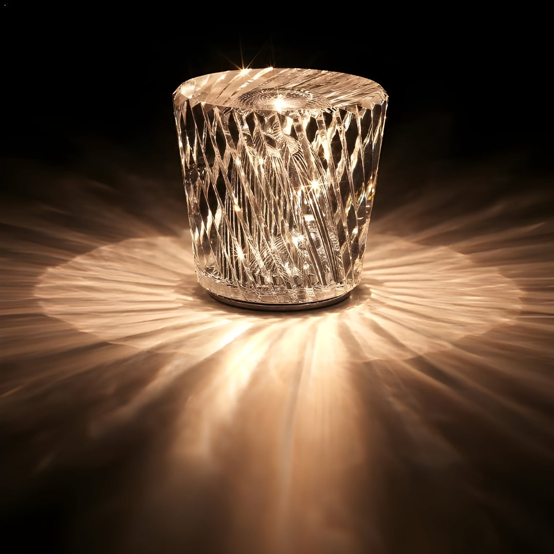 Rechargeable LED crystal mood light, stunning diamond design, enhances home decor.