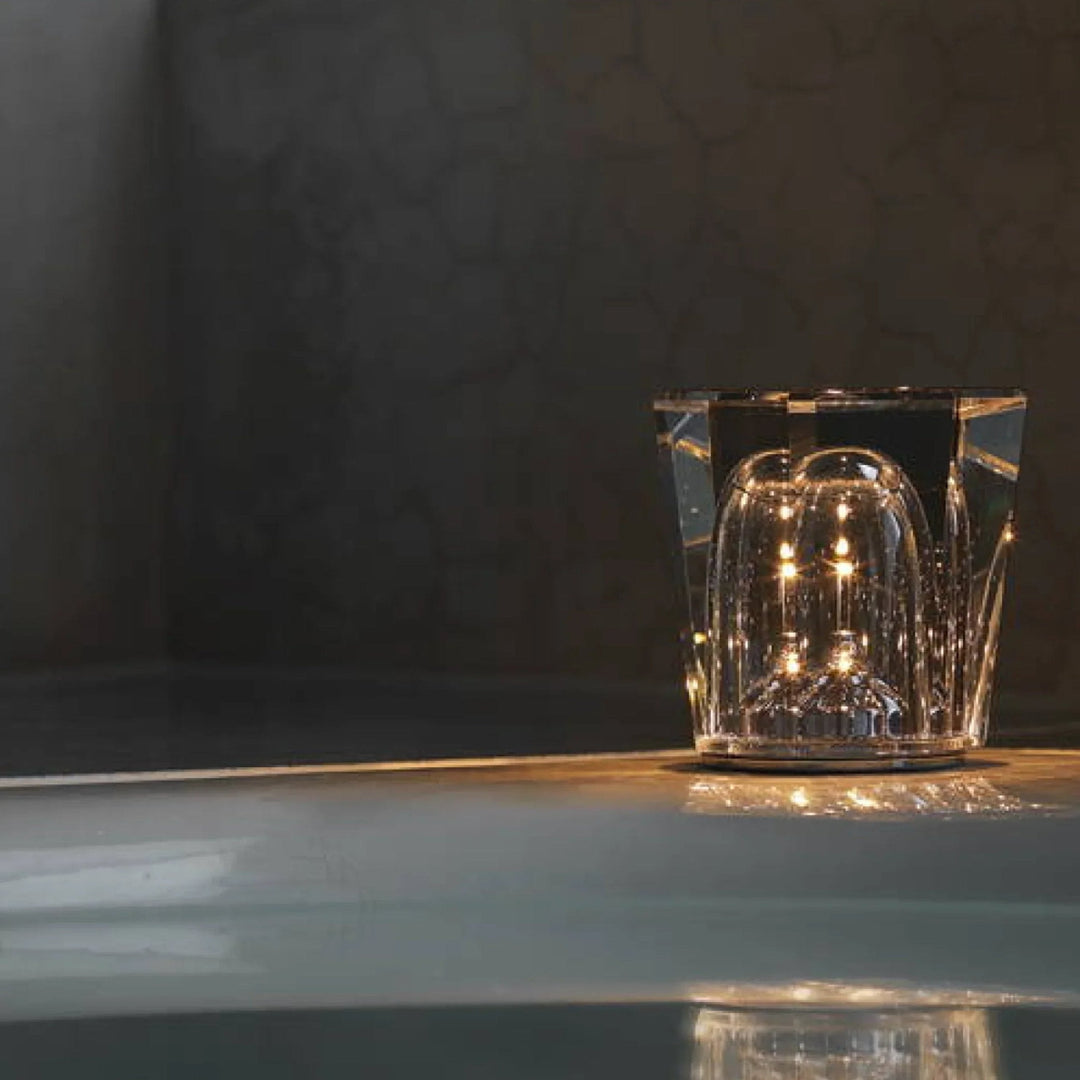 Diamond design crystal LED table lamp, rechargeable & portable for stylish home ambiance.