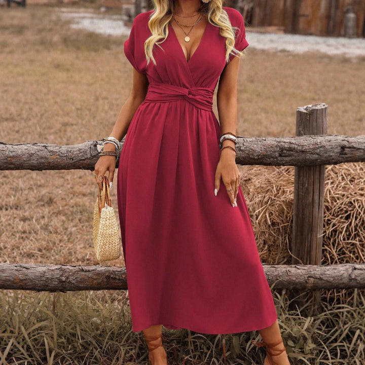 Flowy V-neck boho maxi dress for women, offering elegant style and comfortable, casual chic fashion.
