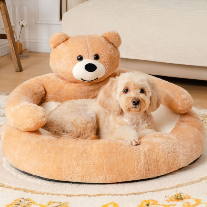 Dark grey adjustable pet bed, a cozy cuddle spot for dogs & cats. Soft plush pet furniture.