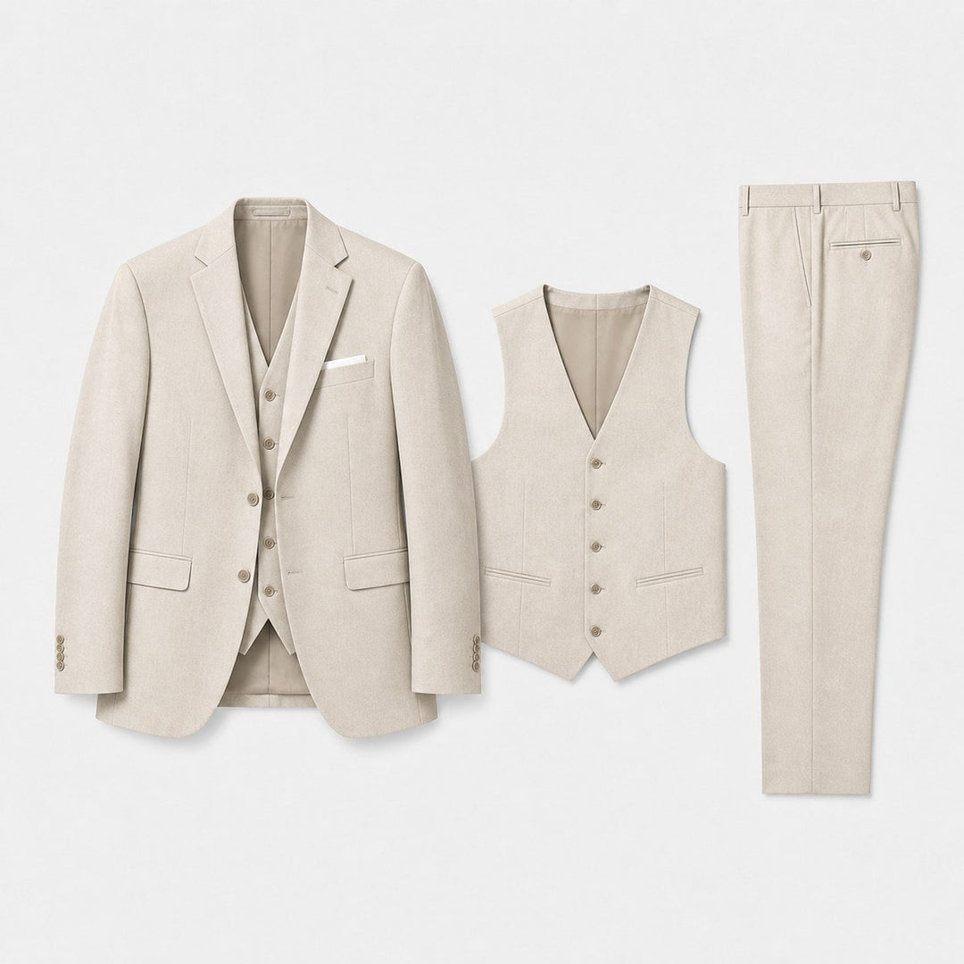 Men's tailored three-piece suit with blazer, waistcoat, and trousers, perfect for formal events.