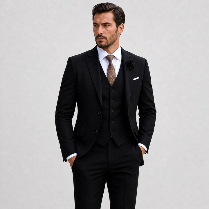 Formal men's three-piece suit: tailored blazer, matching waistcoat, and trousers for special occasions.
