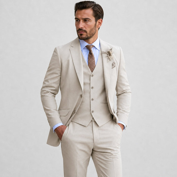 Sophisticated men's tailored three-piece suit, a complete formal wear set with jacket, vest & pants.