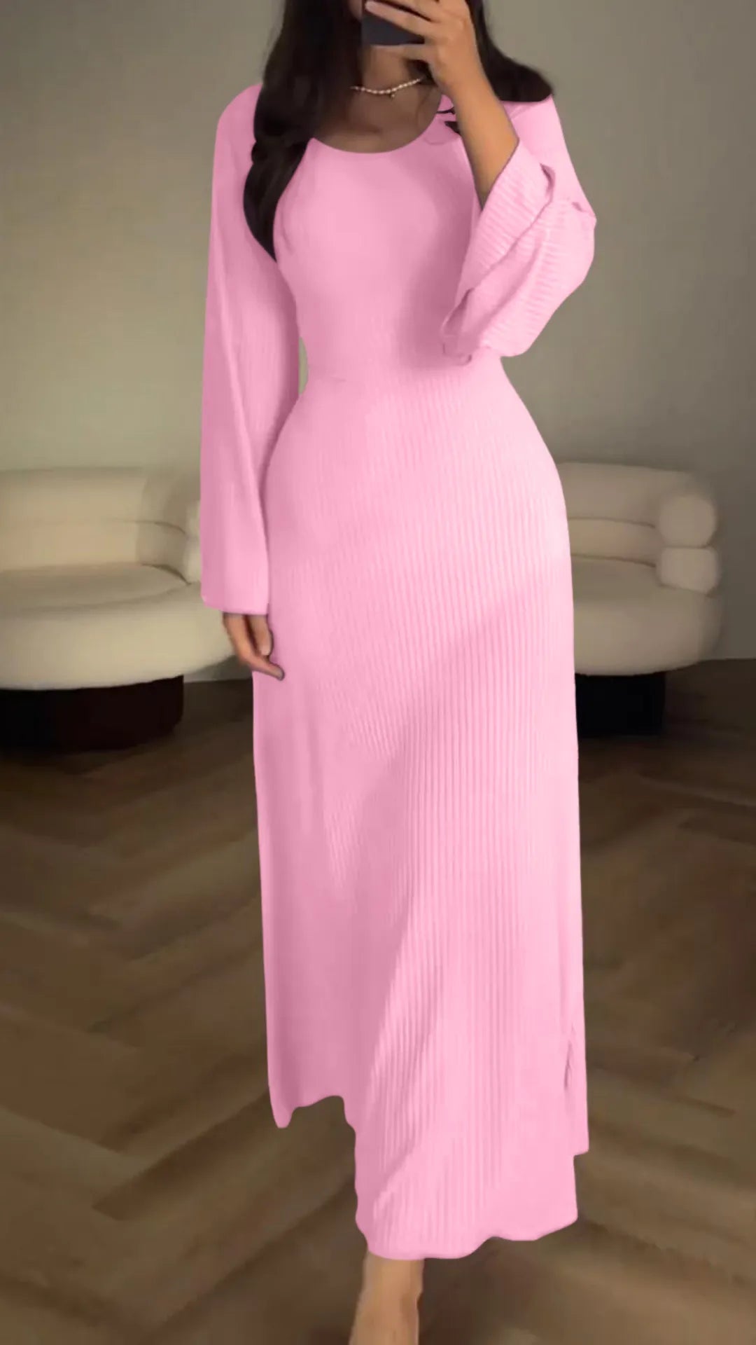 Versatile women's long-sleeve maxi dress. Elegant formal wear or comfortable casual dress.