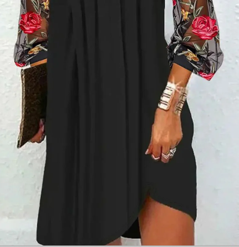 Chic women's V-neck party dress with beautiful floral sleeves, a feminine choice for elegant formal wear.