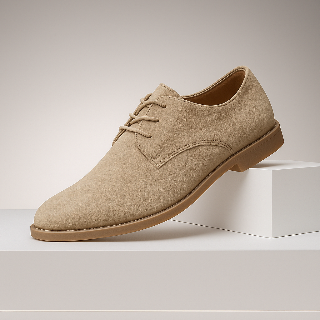 Men's classic khaki lace-up Derby dress shoes. Stylish formal or smart-casual footwear for men, offering comfort.