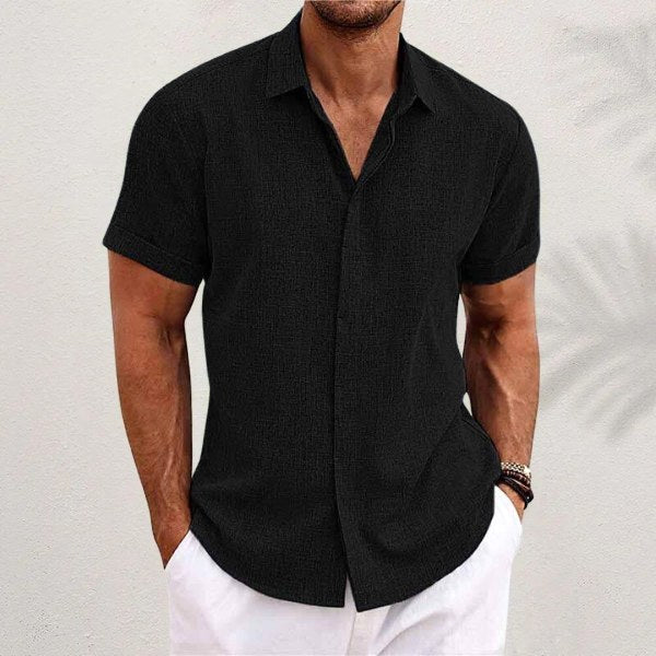 Green men's long-sleeve collared shirt, a relaxed fit button-down for spring and summer fashion.