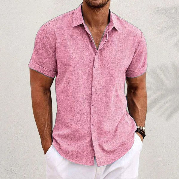 Stylish men's button-down shirt, a relaxed fit collared top for versatile spring and summer wear.