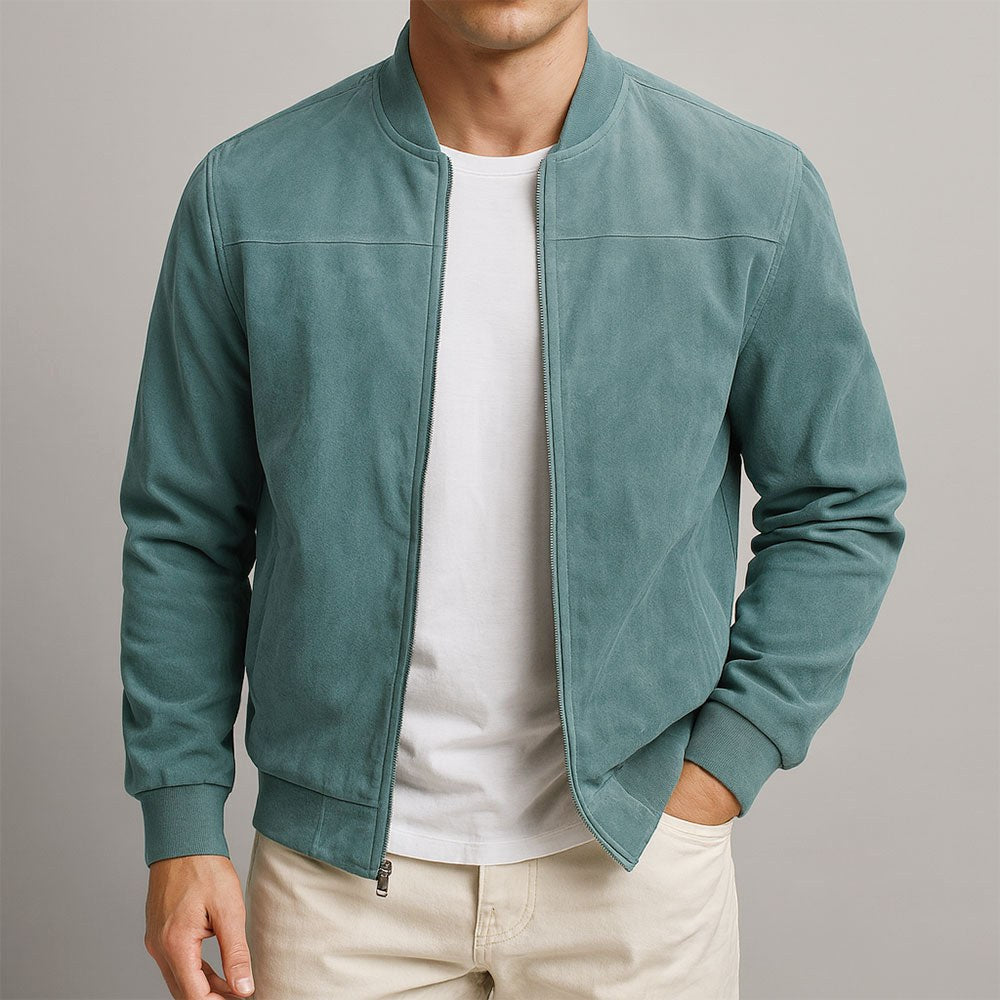 Close-up of men's sophisticated tailored blazer jacket fabric, showcasing quality and refined detail.