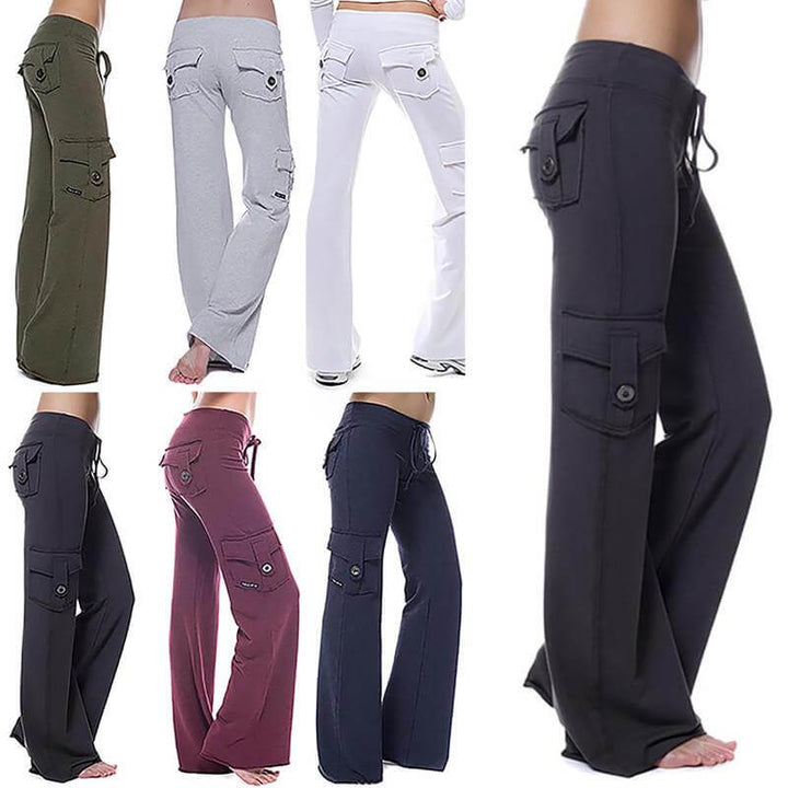 Comfortable high-waist stretch bootcut cargo pants for women. Ideal for casual, active, or travel wear.