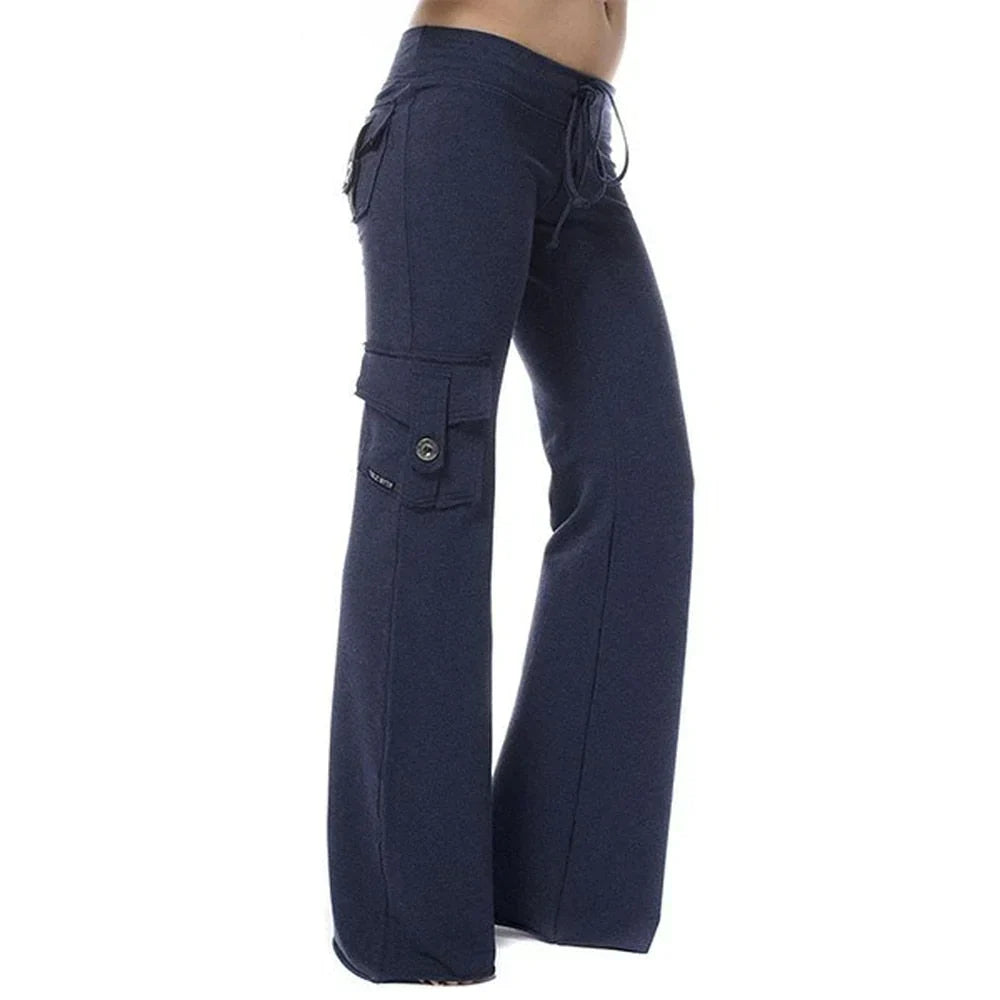Trendy bootcut cargo pants for women, perfect for travel or casual outings. Features practical pockets.