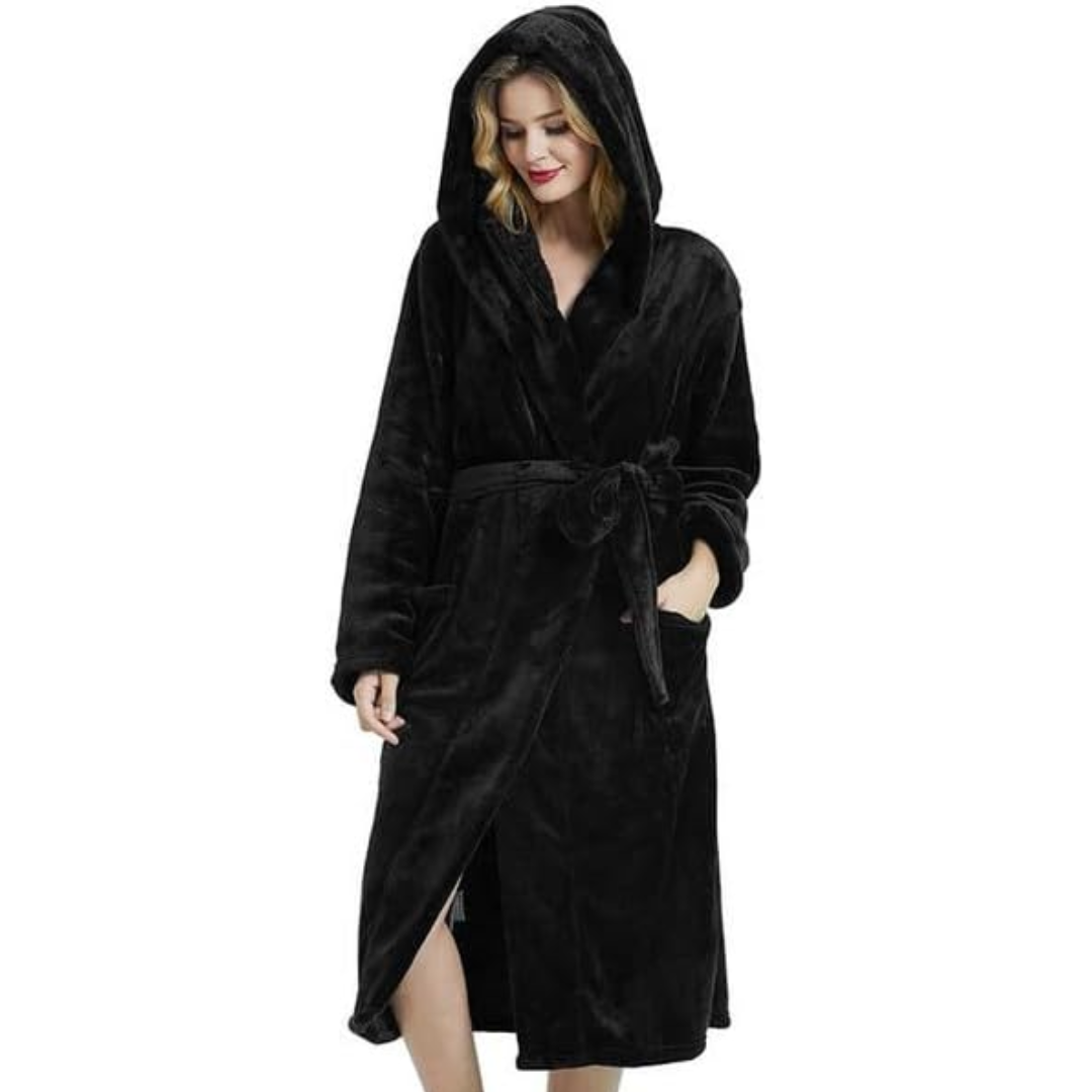 Women's hooded plush fleece bathrobe for cozy warmth and relaxing home loungewear.
