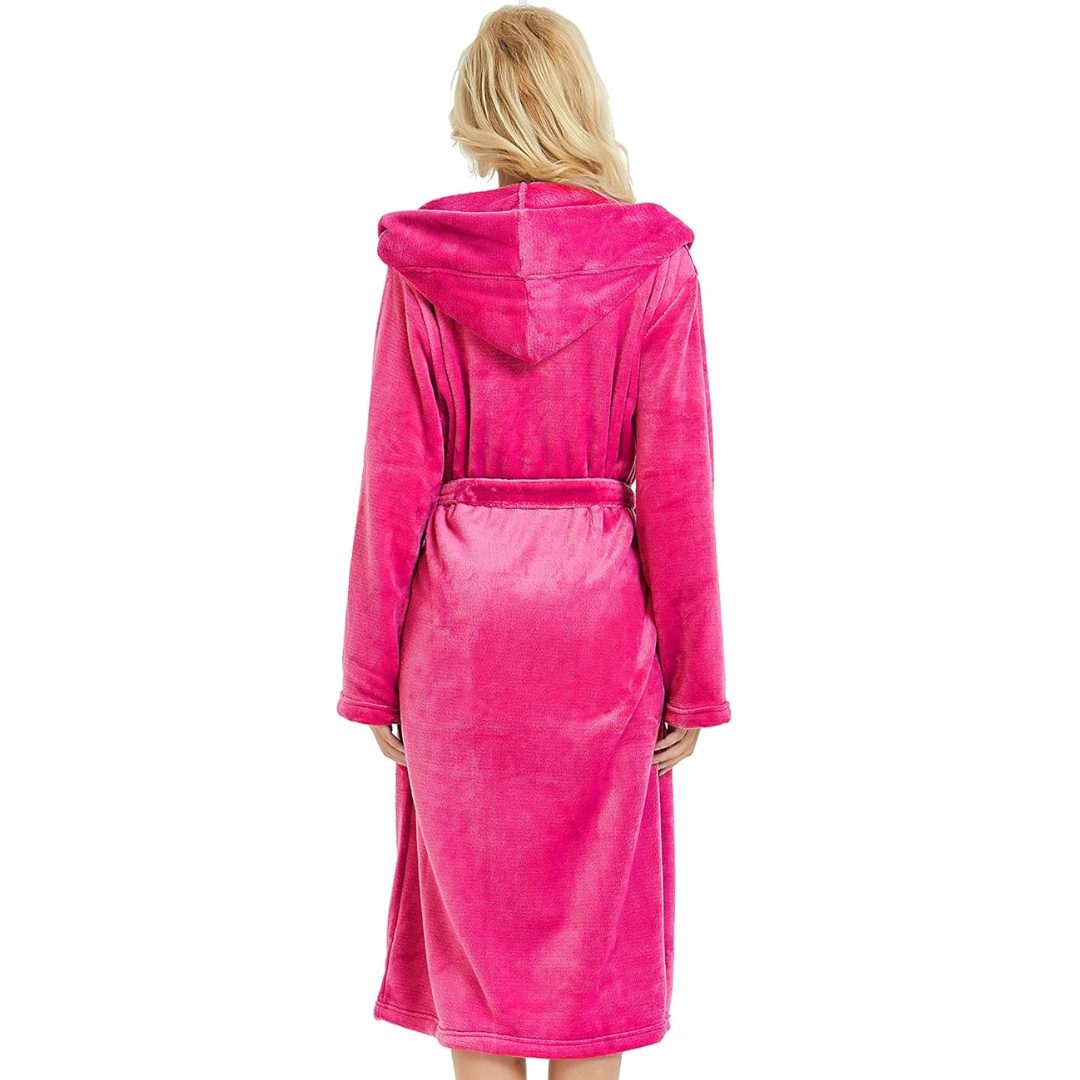 Hooded women's plush fleece bathrobe, extra cozy for warmth and ultimate home comfort.