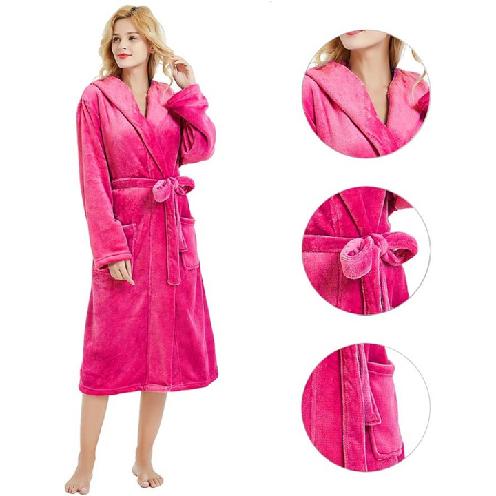 Stylish women's plush fleece hooded bathrobe, ultimate comfort for cozy home loungewear.