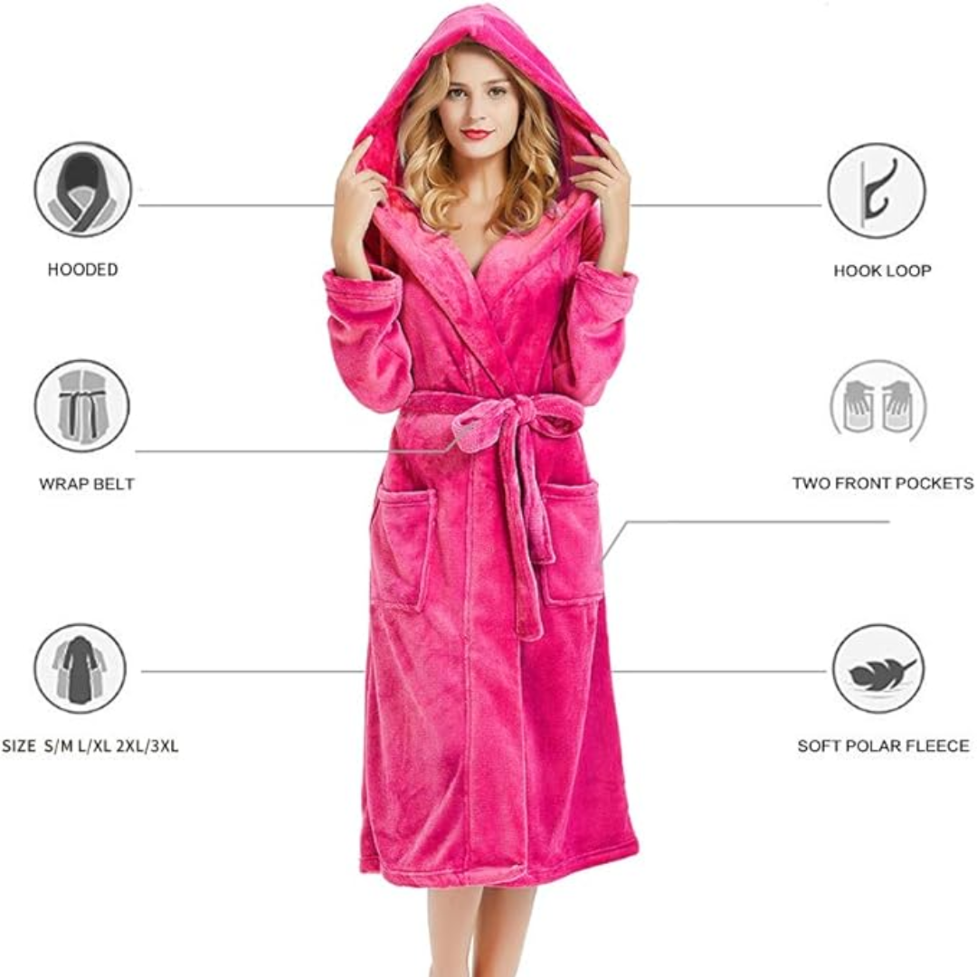 Relaxing women's plush fleece hooded bathrobe, super soft and warm for ultimate home comfort.