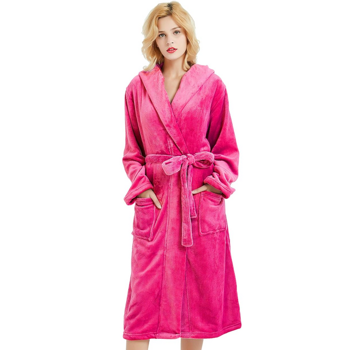 Versatile women's plush fleece hooded bathrobe, ideal for lounging, comfort, and home warmth.