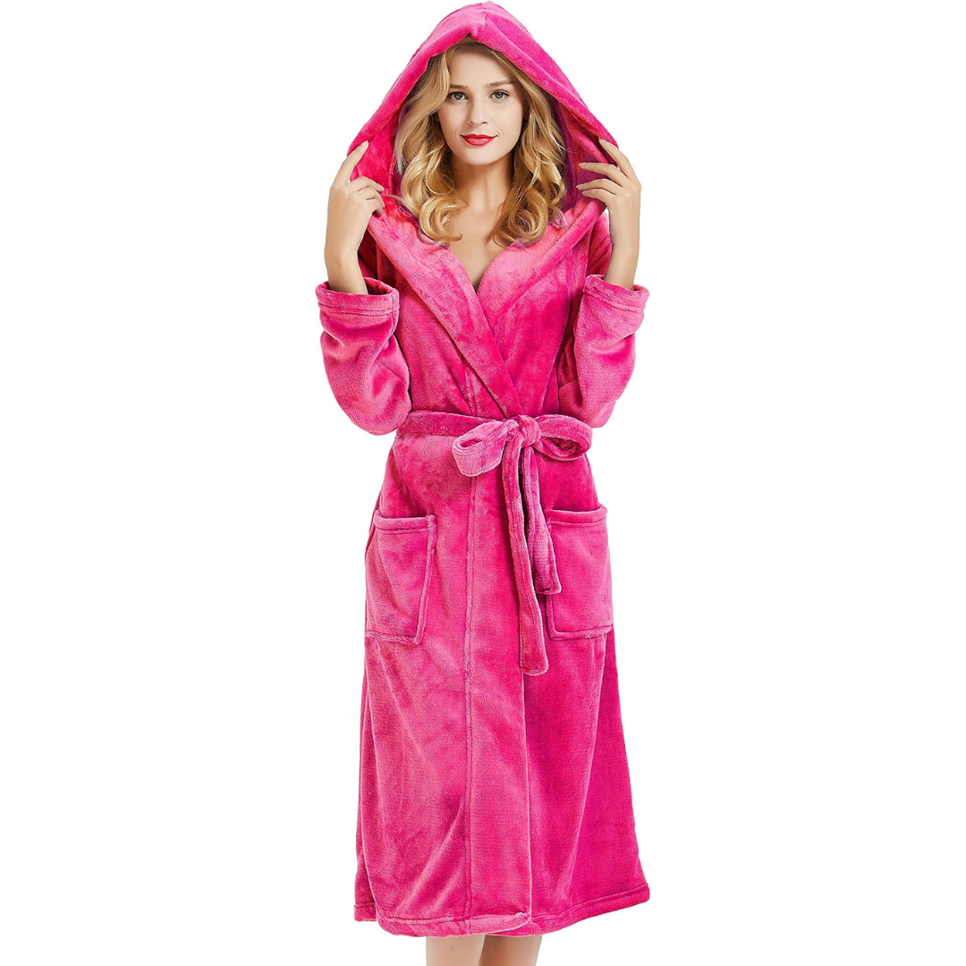 Warm women's plush fleece hooded bathrobe, perfect comfort loungewear for chilly evenings.