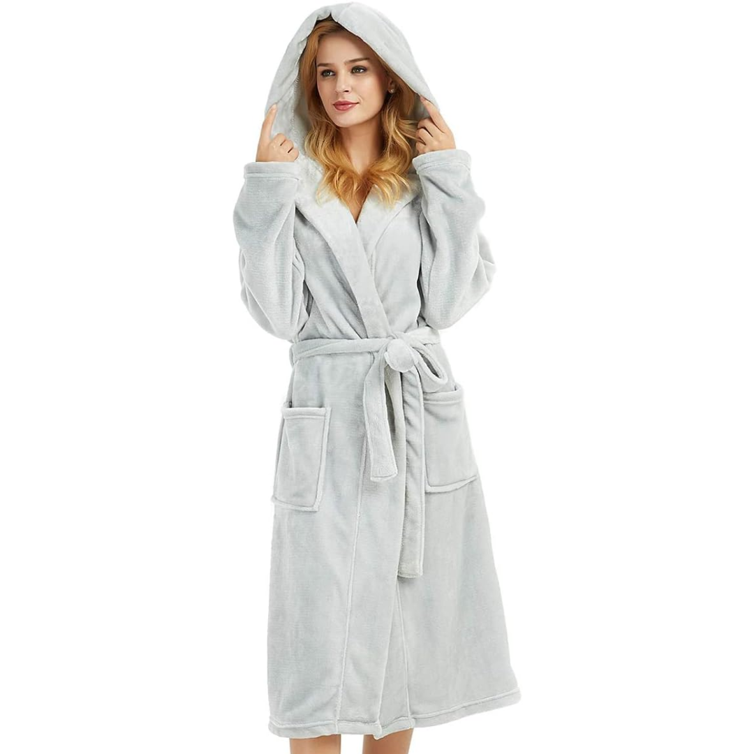 Luxurious women's hooded fleece bathrobe, ideal plush loungewear for relaxed home comfort.