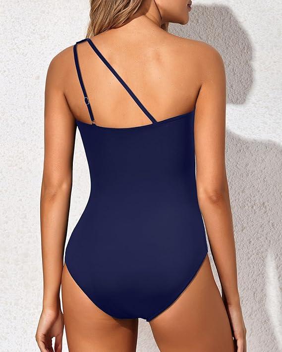 Asymmetric one-shoulder design on a women's tummy control swimsuit for a modern look.