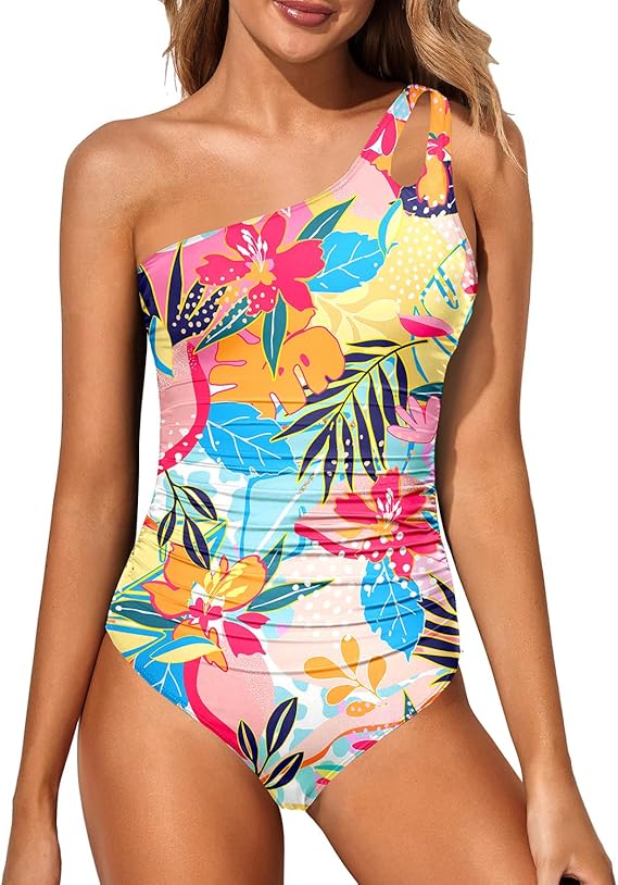 Shaping women's one-shoulder swimsuit with tummy control for a smooth, flattering silhouette.