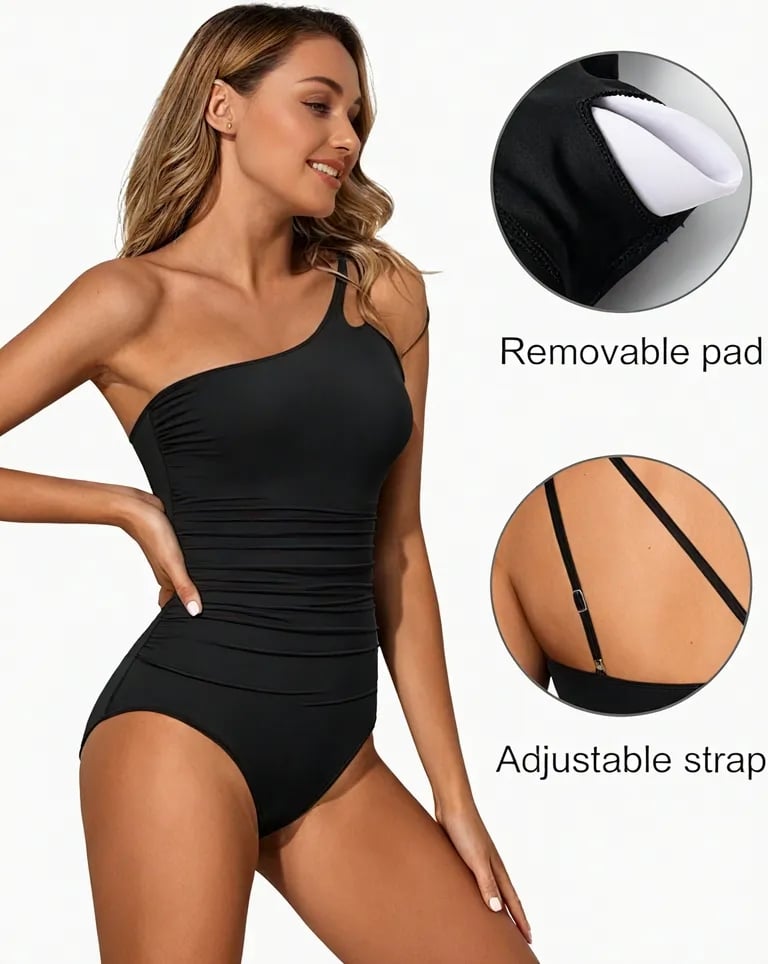 Comfortable women's one-shoulder shaping swimsuit. Tummy control offers a flattering silhouette.
