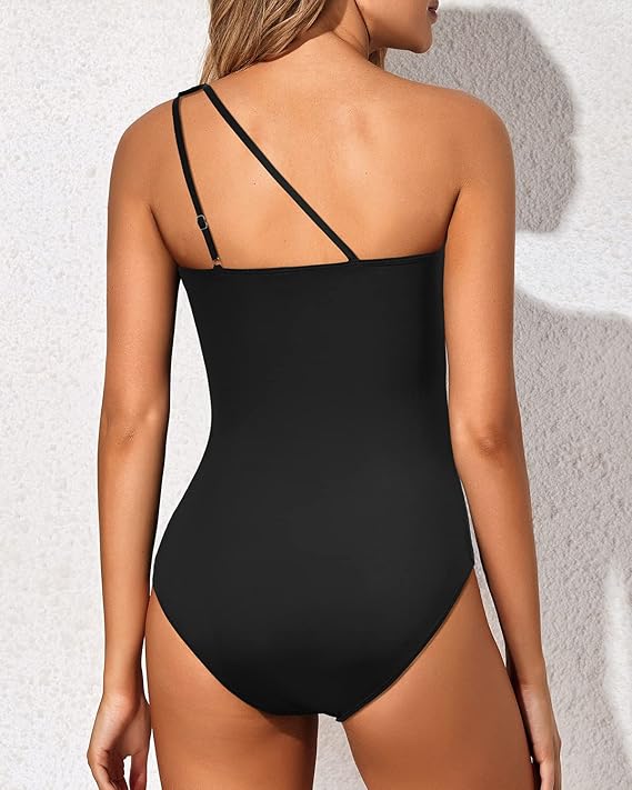 Front view of women's one-shoulder tummy control swimsuit, showcasing the elegant design.