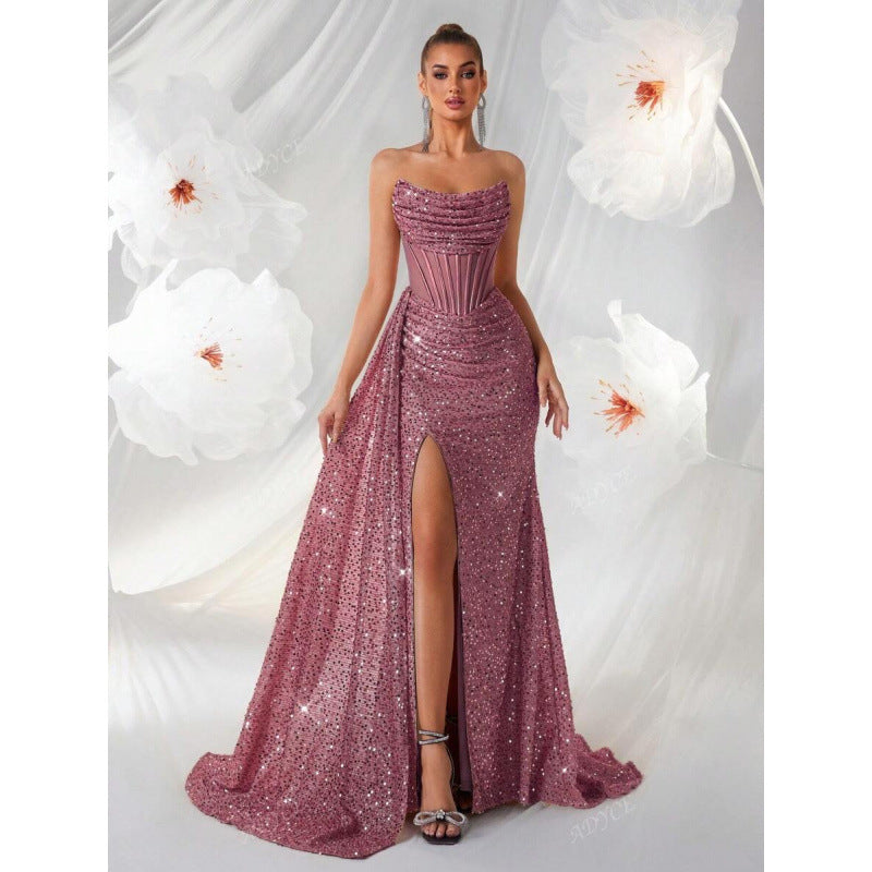 Very glamorous women's formal sequin gown, high slit, and corset waist. Ideal for black tie occasions.