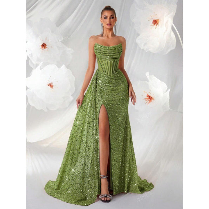 Form-fitting sequin gown for women, featuring a high slit and corset waist, enhancing silhouette for events.