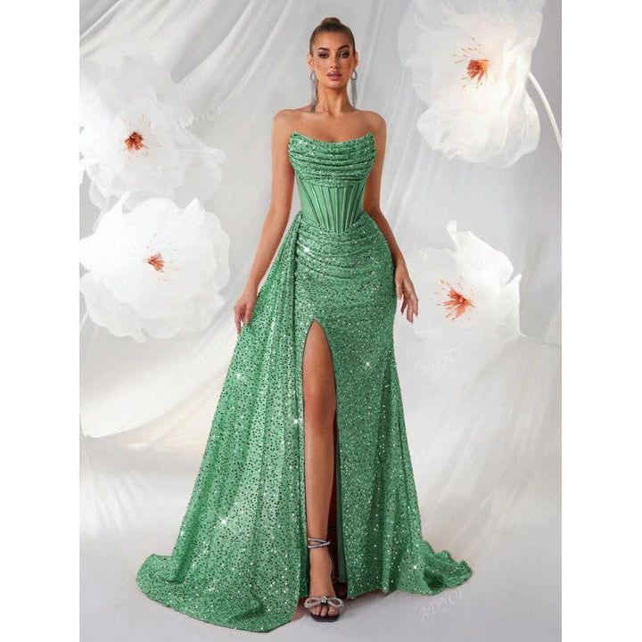 Shimmering sequin formal dress, women's design with a high slit & structured corset waist.