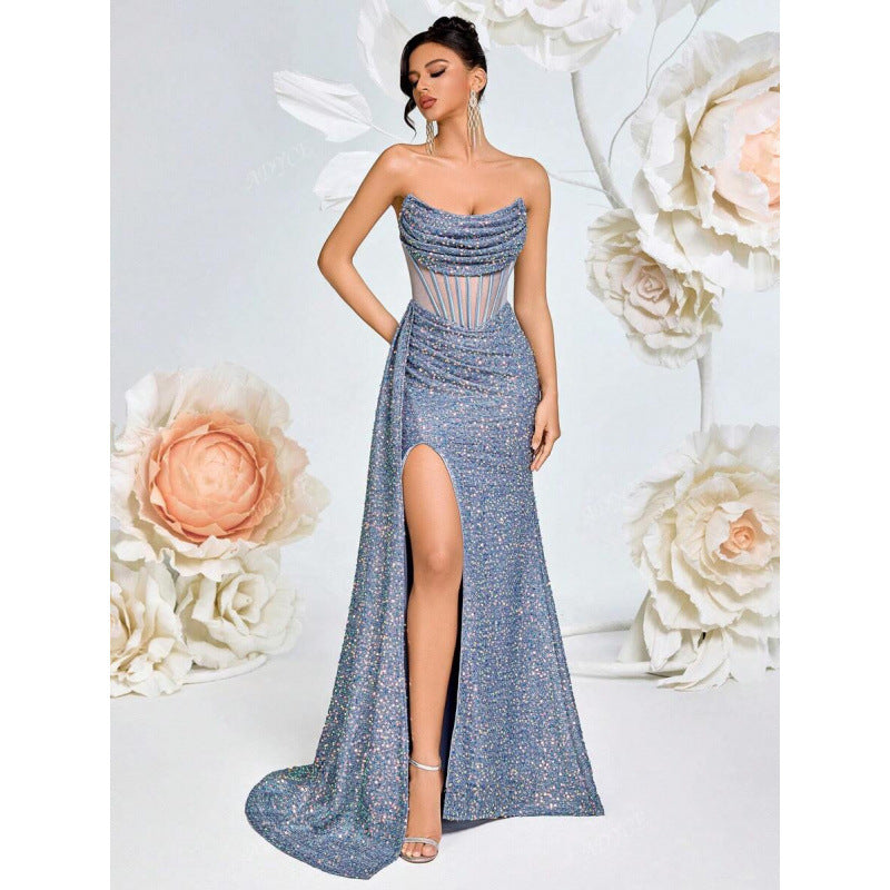 Elegant yet bold women's sequin gown, high slit & corset waist for a dramatic formal look.