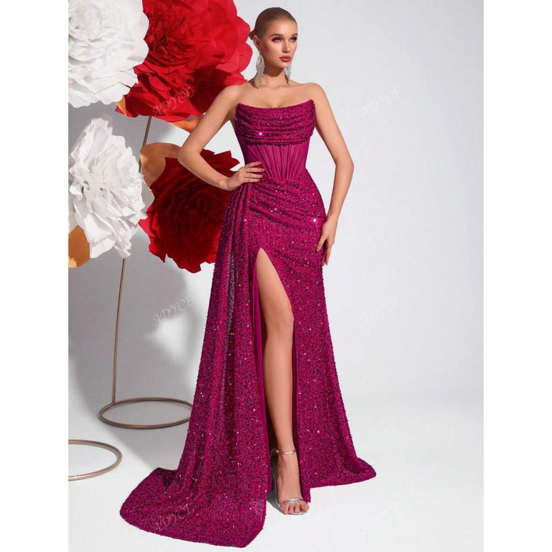 Women's special occasion sequin gown, high slit, corset waist. Perfect for galas, proms, and evening parties.