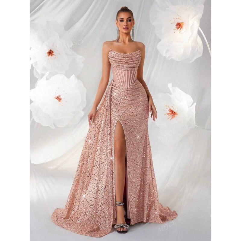 Women's formal sequin gown, high slit, corset waist. Mermaid style, perfect for dazzling evenings.