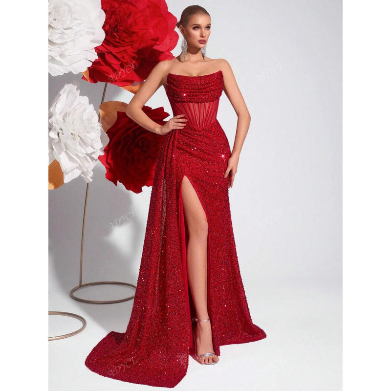 Women's sequin gown: high slit, corset waist formal dress. Perfect for prom, gala, black-tie events.