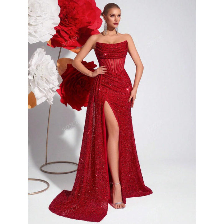 Women's sequin gown: high slit, corset waist formal dress. Perfect for prom, gala, black-tie events.