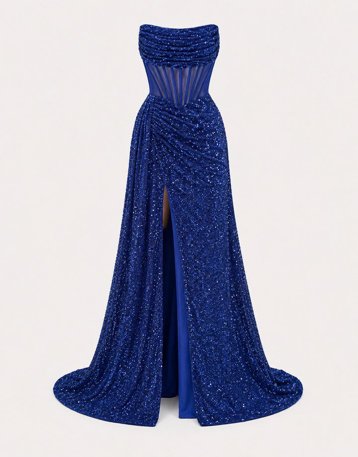 Stunning formal sequin gown for women. Features a high slit & corset waist, ideal for prom or evening wear.